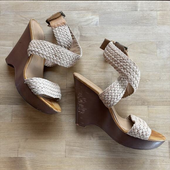 Nine West Marlon Boho Wedge Heels 8.5M Brown Woven Platform Adjustable Sandals - Picture 2 of 13